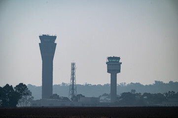 Airport control tower in haze
