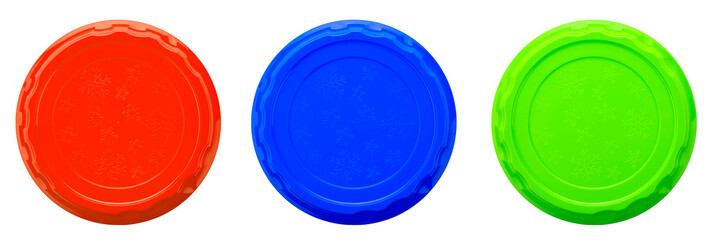 Top view of sets plastics lid isolated on white. Plastic circle.