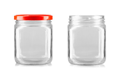 Two empty jars with red lid. Conservation utensils. Isolated on a white background.