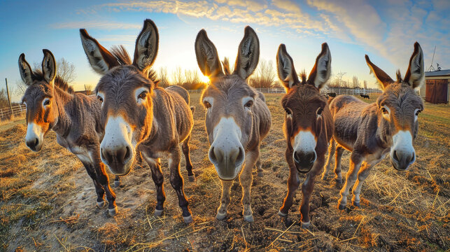A collection of donkeys standing closely beside each other, displaying social behavior within the group