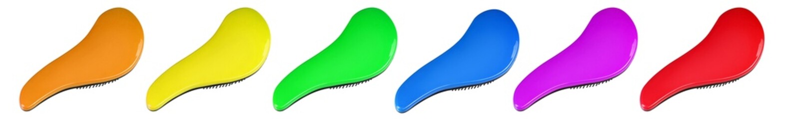 Collection of different colors hair brush isolated on white background. Personal grooming accessory. File contains clipping path.