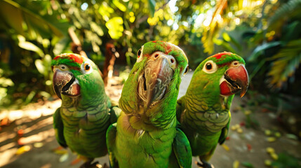 A group of three green parrots are standing next to each other, displaying vibrant plumage and sharp beaks