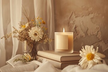 Fototapeta na wymiar A candle with the brand name Cardi written on it, placed next to two books and some small flowers 