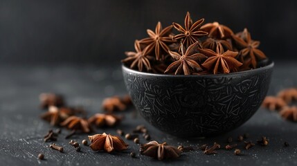 Fototapeta na wymiar A black bowl filled with star anise, scattered around on the dark background The stars of star anise