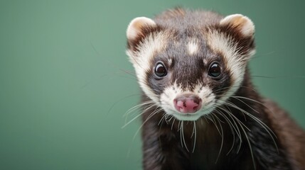 close-up of a young ferret on a green background, gazing directly at the camera in a professional photo studio setting. Perfect for a pet shop banner or advertisement