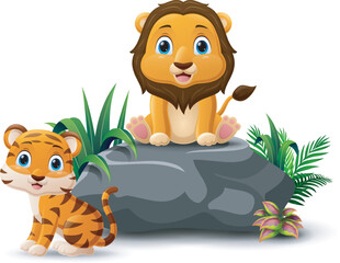 Cartoon baby lion and tiger sitting on the stone