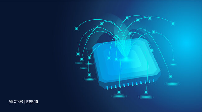 Vector illustration. A microcomputer throws a data connection, big data, distribution with an even distribution. Abstract modern background
