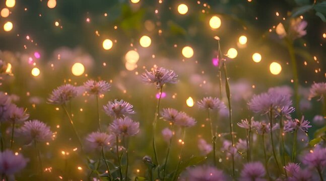 The secret garden with magical flowers and fairy lights fireflies