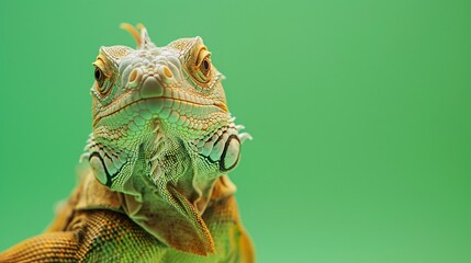 close-up of a young iguana on a green background, gazing directly at the camera in a professional photo studio setting. Perfect for a pet shop banner or advertisement