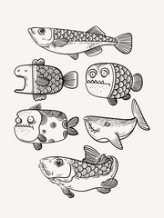 Set of decorative fish drawing hand drawn vector illustration. Koi, salmon, Vintage Japanese, chinese traditional style.