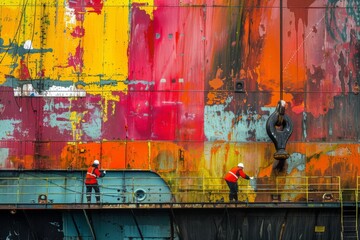 Shipyard, workers applying colorful paints to a large ship, reflecting the intricacy of maritime...