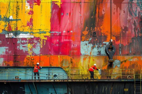 Shipyard, workers applying colorful paints to a large ship, reflecting the intricacy of maritime maintenance.
