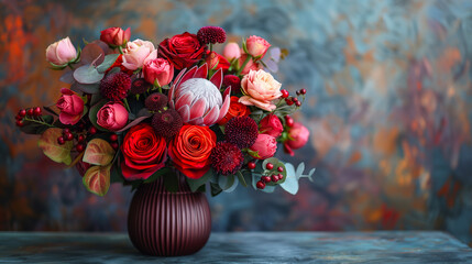 bouquet of red and pink flowers in vase on blue background