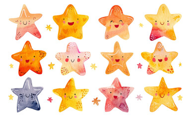 Cute and colorful watercolor illustrations of smiling stars and clouds, perfect for children's themes and decorations.