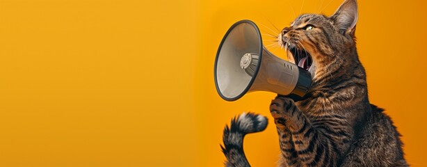 Humorous concept of expression. A cat with its mouth open as if yelling into a megaphone against a solid bright yellow background, merging feline characteristics - Powered by Adobe