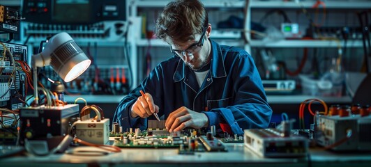 Electronics engineering concept. A focused individual with protective glasses working on testing and soldering circuit boards in a high-tech electronics lab environment.