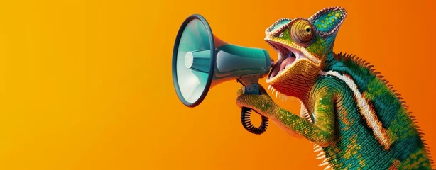 Deurstickers Creative announcement concept. A vibrant chameleon appears to be shouting into a megaphone against a solid orange background, showcasing a playful mix of wildlife © Maxim