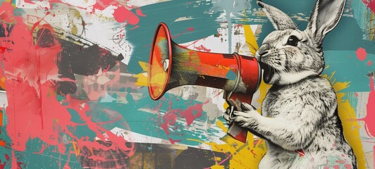 Eccentric Easter bunny holding a megaphone. The artwork showcases a whimsical rabbit in a vibrant, graffiti-inspired collage, making a bold statement