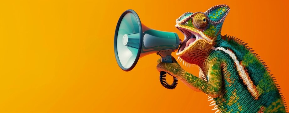 Creative announcement concept. A vibrant chameleon appears to be shouting into a megaphone against a solid orange background, showcasing a playful mix of wildlife