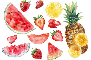 An array of watercolor painted fruits, watermelon, pineapple, strawberries, summer refreshment and healthy eating concepts, white background
