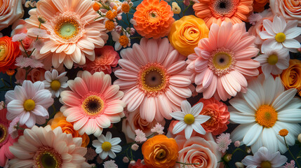 Flower bouquet background. Colorful gerbera flowers.
