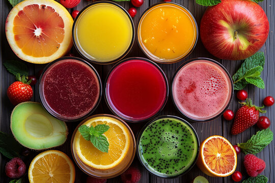 A colorful assortment of fruit juices and berries are displayed on a wooden table. The juices include orange, blueberry, and strawberry, while the berries are blue and red. 100 percent natural juices - Powered by Adobe