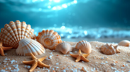 Seashells and starfish on the beach sand. 