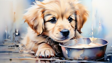 Abstraction. A little puppy drinks milk from a bowl, all smeared with milk, happy day, great mood