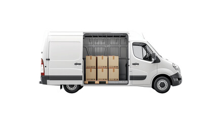 A white van transporting parcels, isolated on a transparent background