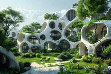 Selbstklebende Fototapeten Create an abstract architectural concept for a sustainable eco-city, blending organic forms with modern structures to harmonize with the natural environment  © Izhar