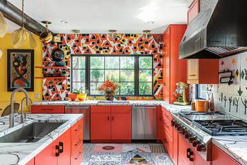 Create an abstract kitchen design with playful pops of color, eclectic patterns, and whimsical accents that infuse the space with personality and charm for a vibrant and dynamic atmosphere