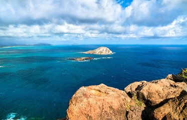 Manana Island and Kaohikaipu Islet seen from Makapuu Point on the eastern side of Oahu island in Hawaii, USA