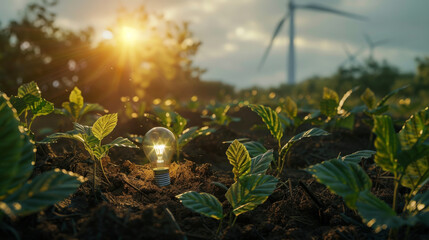 A light bulb with a bright filament is planted in the soil beside a young plant, with wind turbines in the background against a sunset or sunrise.
