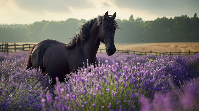 A stunning  horse stands amidst a lavender field, with majestic mountains forming a breathtaking backdrop