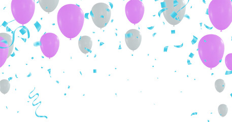 Purple balloons with ribbons and confetti on a white background.