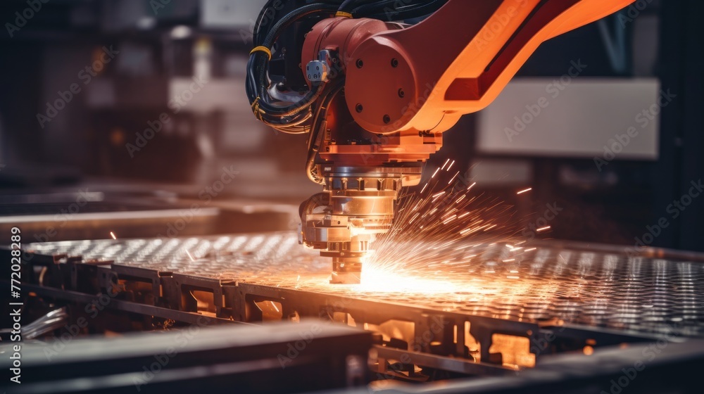 Poster close-up of a robot polishing a metal product with sparks of fire in the factory. automatic grinding