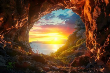 A view of a sunset from a cave opening. The sun is a bright orange disc setting in a sky filled with streaks of orange, pink, and purple. The silhouette of rocky cliffs can be seen in the foreground. - obrazy, fototapety, plakaty