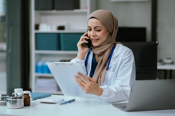 Female medicine doctor, physician or practitioner involved in cellphone call conversation giving professional consultation to patients. Medic tech concept.