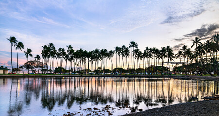 Sunset over palm trees at Ala Moana Beach in Honolulu, Oahu island of Hawaii, USA - obrazy, fototapety, plakaty