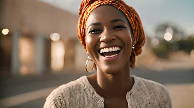 A woman of African descent laughs freely, her joy contagious as it radiates from her bright smile.