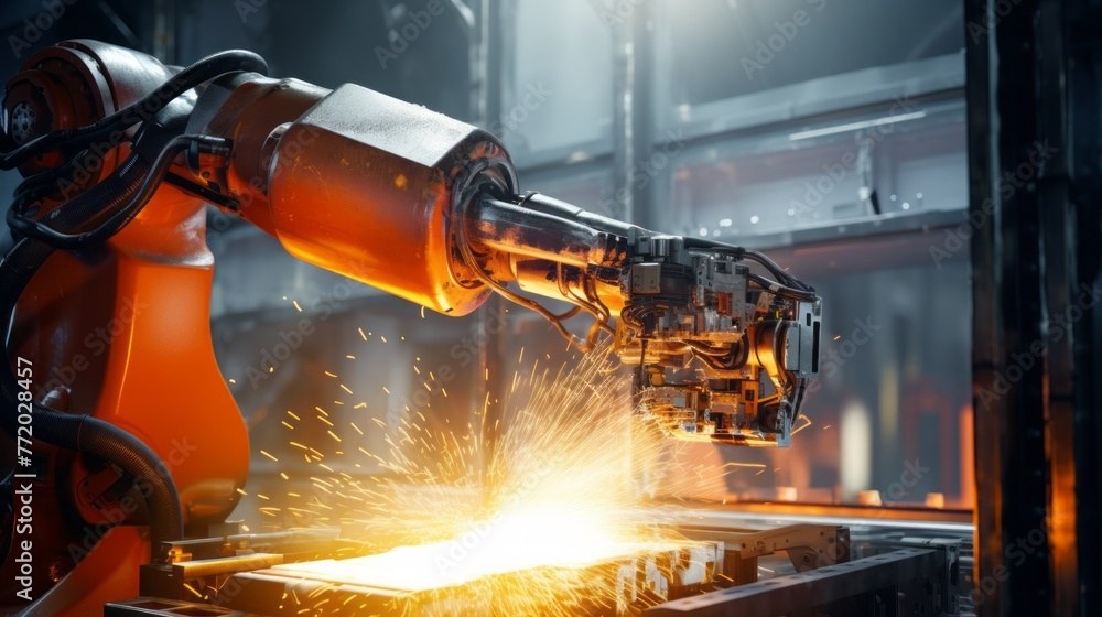 Poster a close-up of the work involved in welding a metal product with sparks of fire in the factory. autom