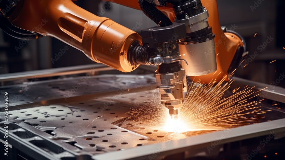 Poster close-up of a robot polishing a metal product with sparks of fire in the factory. automatic grinding