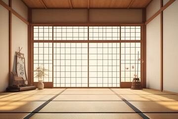 Empty traditional japanese room with tatami mat floor
