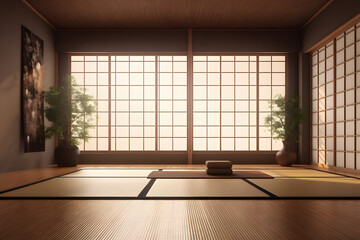 Empty traditional japanese room with tatami mat floor