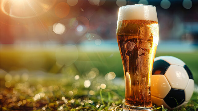 A glass of fresh beer and a soccer ball are set against the backdrop of a stadium at sunset, capturing the essence of relaxation and enjoyment amidst the excitement of the game.