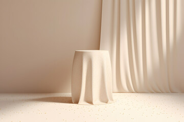 Modern round podium side table over a cream curtain