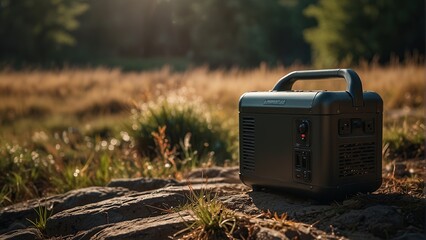 Portable solar-powered electricity generator with a laptop charging outdoors, ideal for camping or travel during power outages.