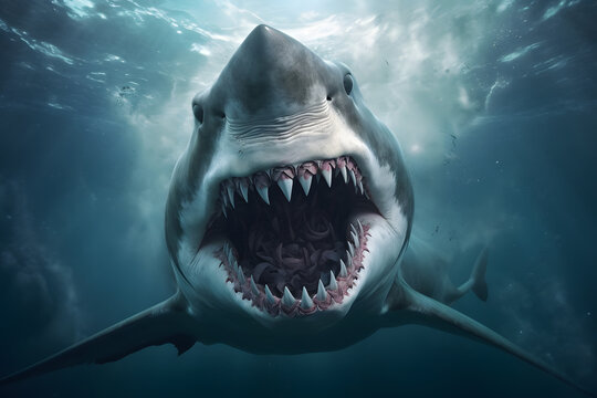 Shark with open mouth in a deep blue ocean