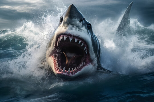Shark with open mouth in a deep blue ocean