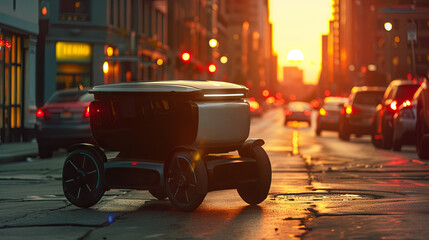Technology development, a robot delivering food on the street during a pandemic - obrazy, fototapety, plakaty